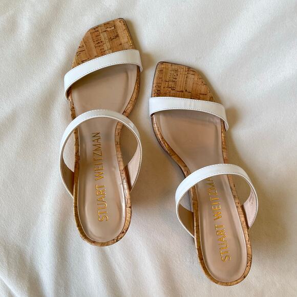 Stuart Weitzman Aleena Wedge Heel Sandals 7.5 Narrow White Patent Leather Cork - Picture 8 of 13